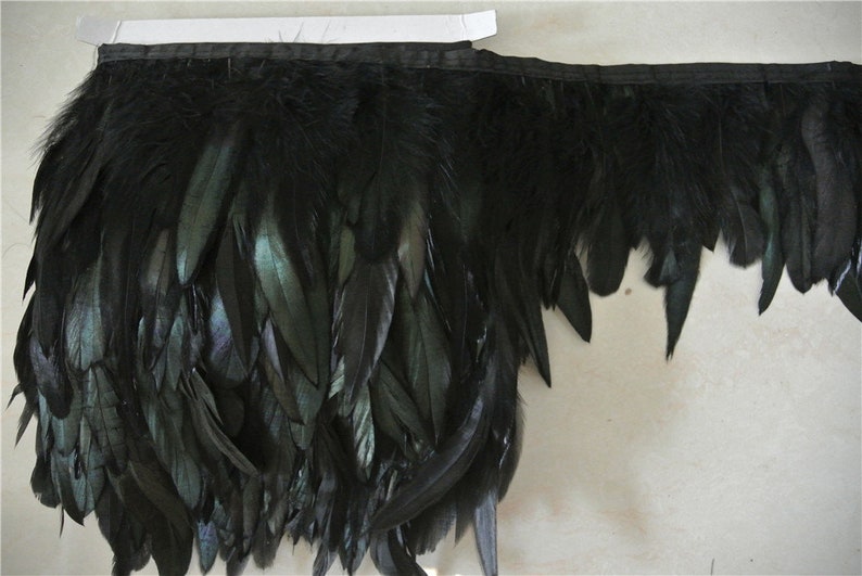 May include: Black feather trim with a black satin backing. The feathers are long and flowing, creating a dramatic look.