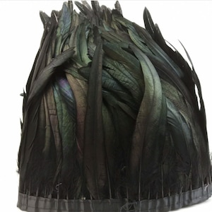 Könnte beinhalten: Schwarzer Federschmuck mit schwarzem Satinrücken. Die Federn sind lang und fließend, mit einem leichten irisierenden Schimmer.