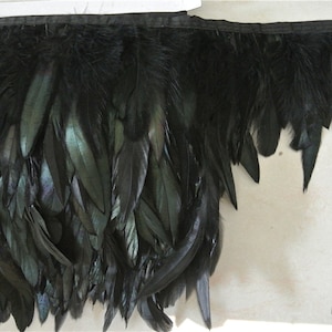 May include: Black feather trim with a black ribbon backing. The feathers are long and flowing, creating a dramatic look.