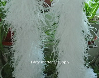 May include: Two long white ostrich feather boas. The boas are hanging from a shelf and are in front of green plants. The text "Party marterial supply" is visible at the bottom of the image.