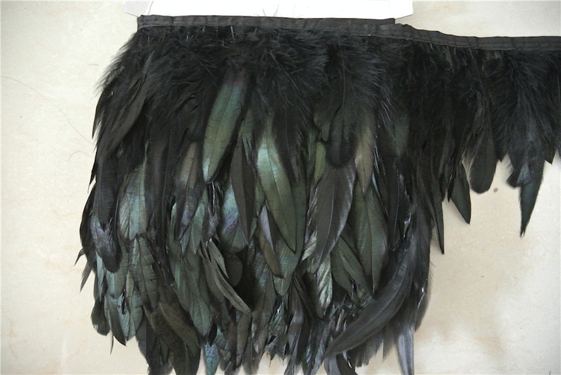 May include: Black feather trim with a dark green iridescent sheen. The trim is approximately 1 inch wide and is made of natural feathers.
