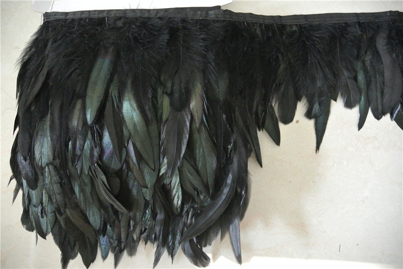 May include: Black feather trim with a black ribbon backing. The feathers are long and flowing, with a slight iridescent sheen.