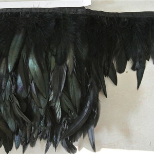 May include: Black feather trim with a black ribbon backing. The feathers are long and flowing, with a slight iridescent sheen.