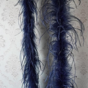 May include: Two strands of dark blue ostrich feathers. The feathers are long and fluffy, and they are arranged in a vertical position.