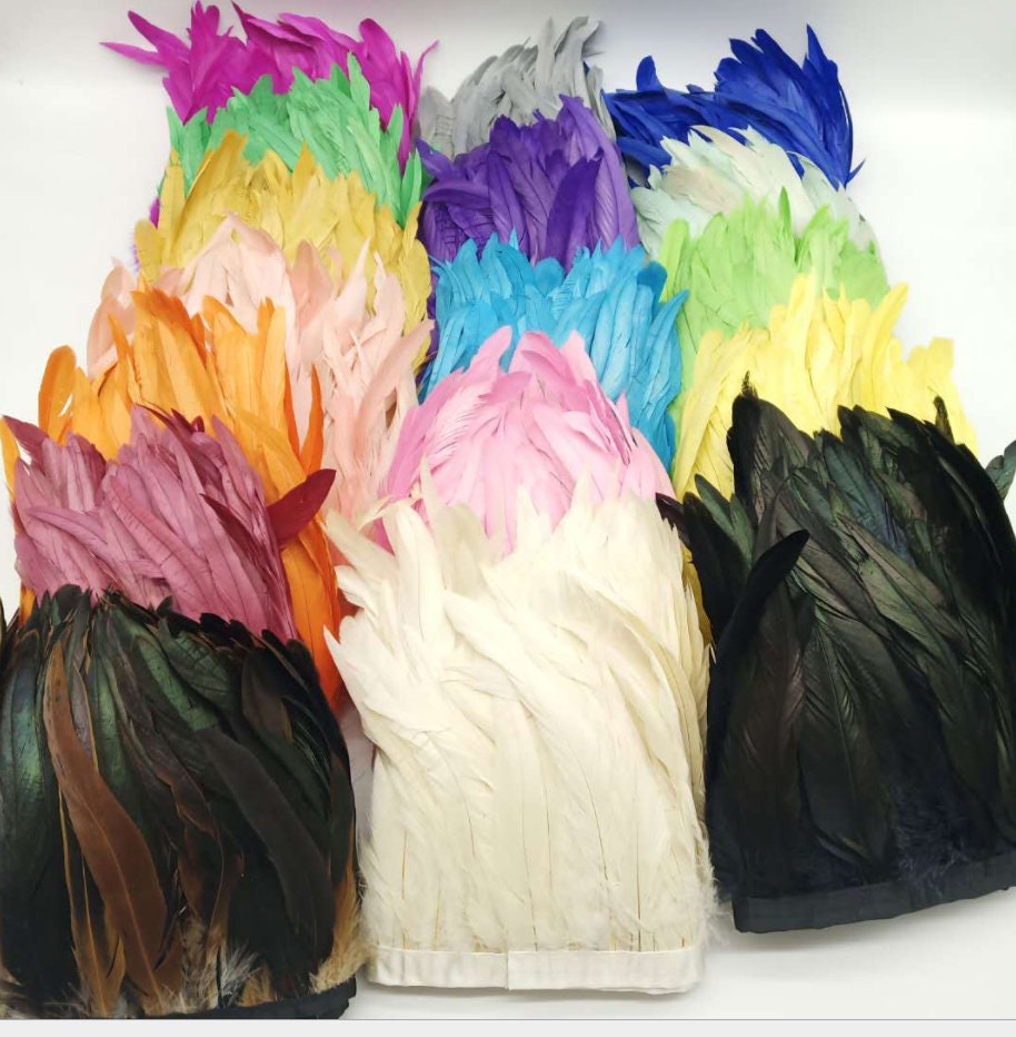 thumbnail interactive-video image 1 of 2 Meter Rooster Feather Trim – Natural Multicolored Craft Feathers For Hats, Costumes, DIY Decor, Millinery 1 of 6