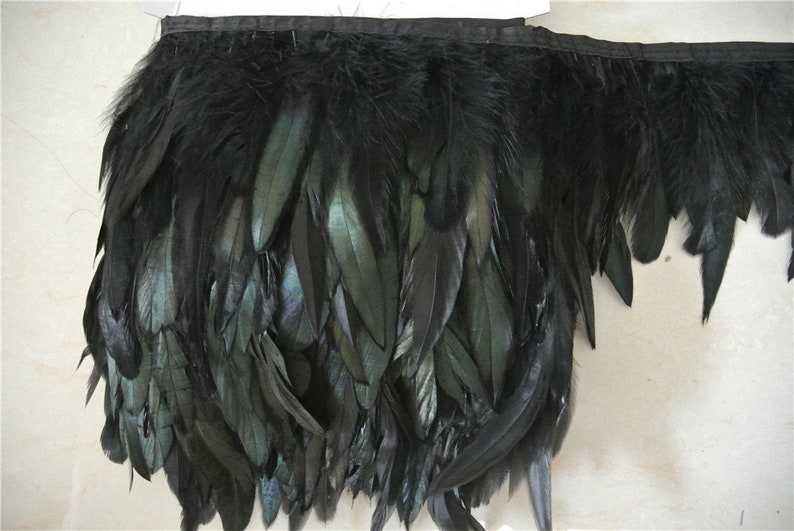 May include: Black feather trim with a black ribbon backing. The feathers are long and flowing, with a slight iridescent sheen.