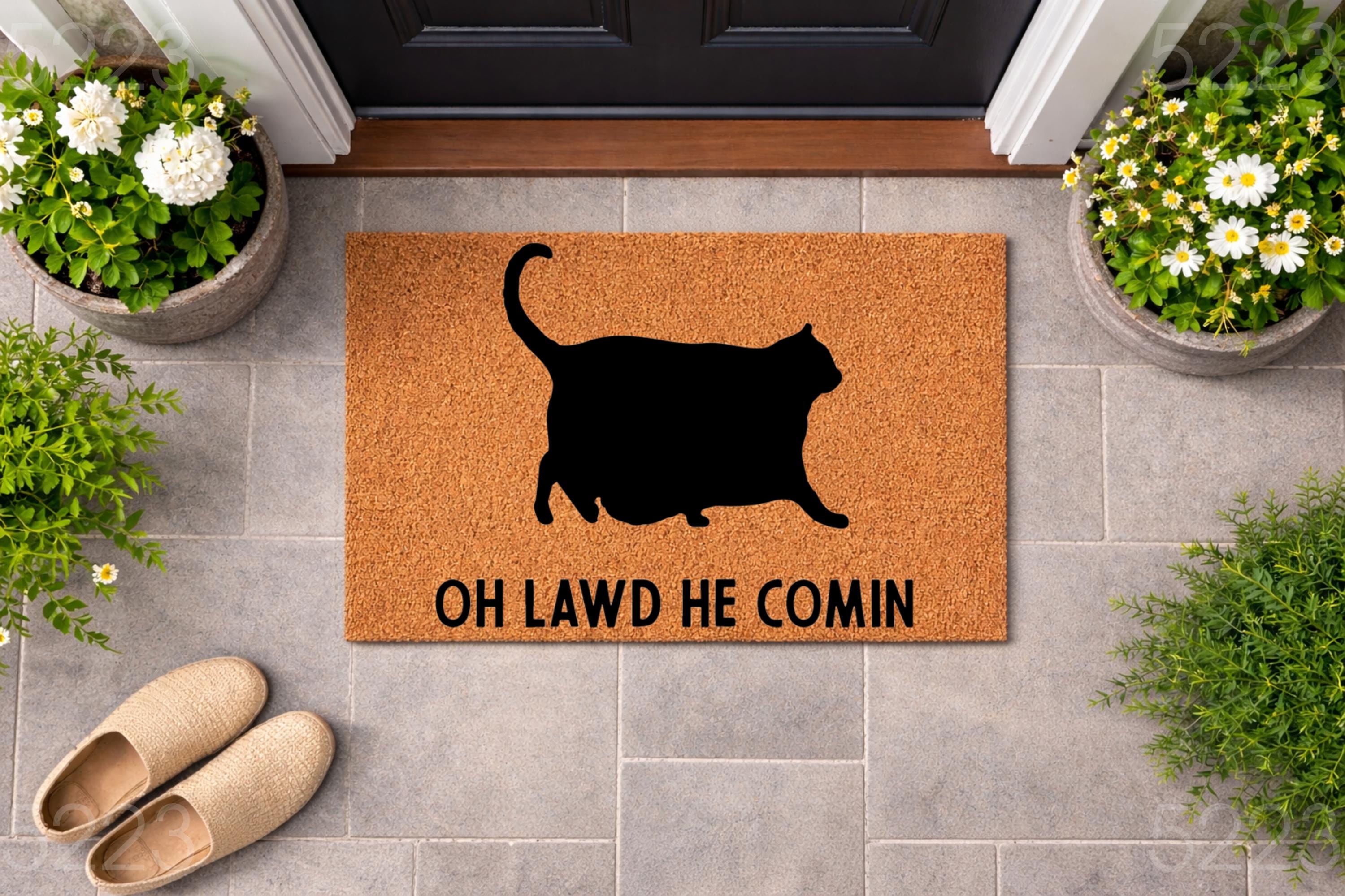 Cat Silhouette Doormat, Oh Lawd He Comin Welcome Mat, Funny Pet