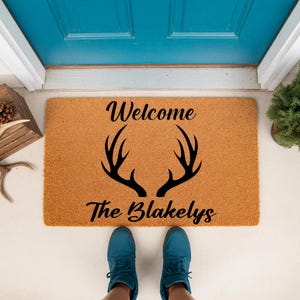 Welcome Family Last Name Doormat - Rustic Antler Front Door Decor