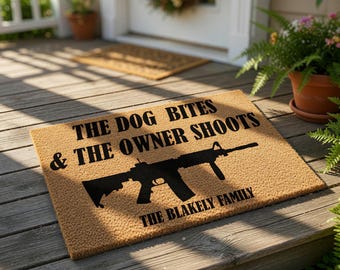Funny Dog Warning Welcome Mat, Coir Doormat for Housewarming, Personalized Family Name Gift