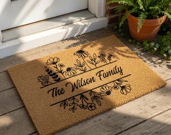 Personalized Last Name Welcome Mat, Floral Coir Doormat for Housewarming, New Home Closing Gift