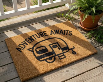 Adventure Awaits Welcome Mat, Coir Doormat for Camper Travel Lover, Housewarming New Home Gift