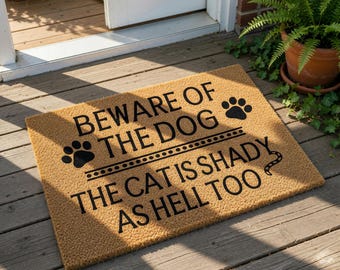 Funny Beware of the Dog Cat Welcome Mat, Coir Doormat for Housewarming New Home Closing Gift