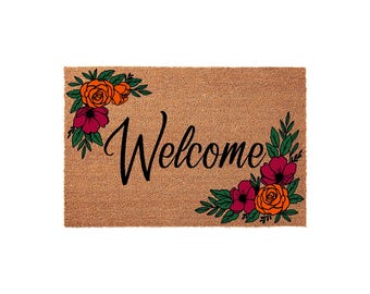 Welcome Floral Doormat, Flower Front Porch Mat, Housewarming New Home Gift