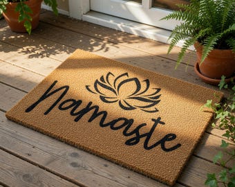 Namaste Welcome Mat, Coir Doormat for Housewarming, New Home Gift, Lotus Flower Entryway
