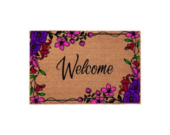 Floral Welcome Doormat, Floral Welcome Mat, Coir Doormat, Housewarming Gift, New Home Gift, Outdoor Front Door Mat Decor