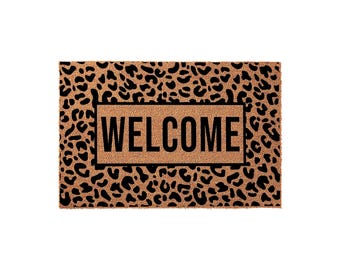 Leopard Print Welcome Doormat, Cheetah Pattern Front Porch Mat, Outdoor Coir