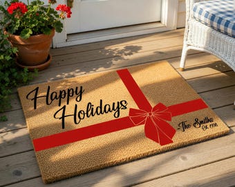 Felpudo de bienvenida personalizado con apellido, felpudo de fibra de coco para Navidad, regalo navideño personalizado