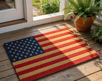 American Flag Welcome Mat, Coir Doormat for Housewarming, New Home Gift, Patriotic Front Door