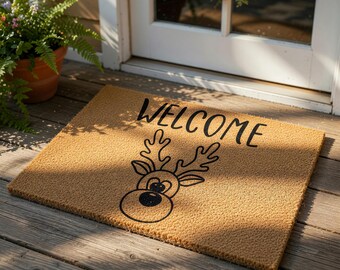 Christmas Welcome Mat, Reindeer Coir Doormat for Holiday , Festive Front Door Gift