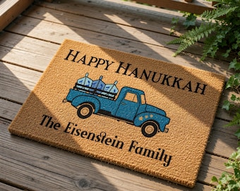 Felpudo de bienvenida personalizado para Hanukkah, felpudo de fibra de coco para las fiestas con nombre familiar personalizado