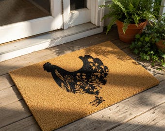 Felpudo de bienvenida con diseño floral de gallinas, felpudo de fibra de coco para inauguración de casa, regalo de aniversario o cumpleaños.