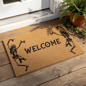 Skeleton Welcome Mat, Coir Doormat for Halloween Holiday Gift, Spooky Front Door Entrance