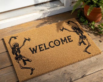 Skeleton Welcome Mat, Coir Doormat for Halloween Holiday Gift, Spooky Front Door Entrance