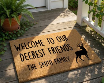 Personalized Last Name Welcome Mat, Coir Doormat for Housewarming New Home, Deer Friend Gift