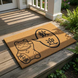 Lucky Cat Welcome Mat, Coir Doormat for Housewarming, New Home Closing Gift