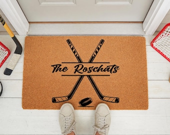 Family Last Name Doormat - Personalized Hockey Sticks Design