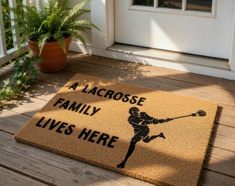 Lacrosse Family Lives Here Welcome Mat, Coir Doormat for Birthday Housewarming New Home Gift