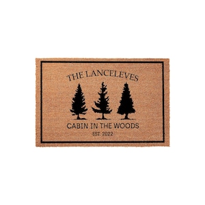 Family Last Name Cabin in the Woods Doormat - Rustic Pine Tree Welcome Mat