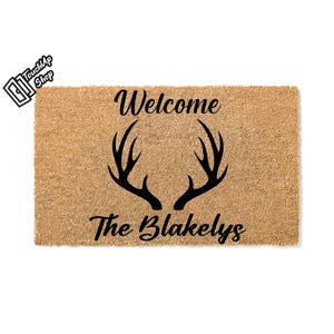 Custom Doormat Antler Family Name Hunting Hunter Deer Welcome Mat Personalized Gift Last Name Large Huge Real Estate Large Doormat 5476