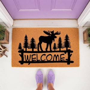 Moose Forest Welcome Doormat - Rustic Cabin Entry Decor