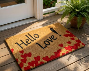 Hello Love Welcome Mat, Coir Doormat for Valentine's Day Anniversary Wedding Gift