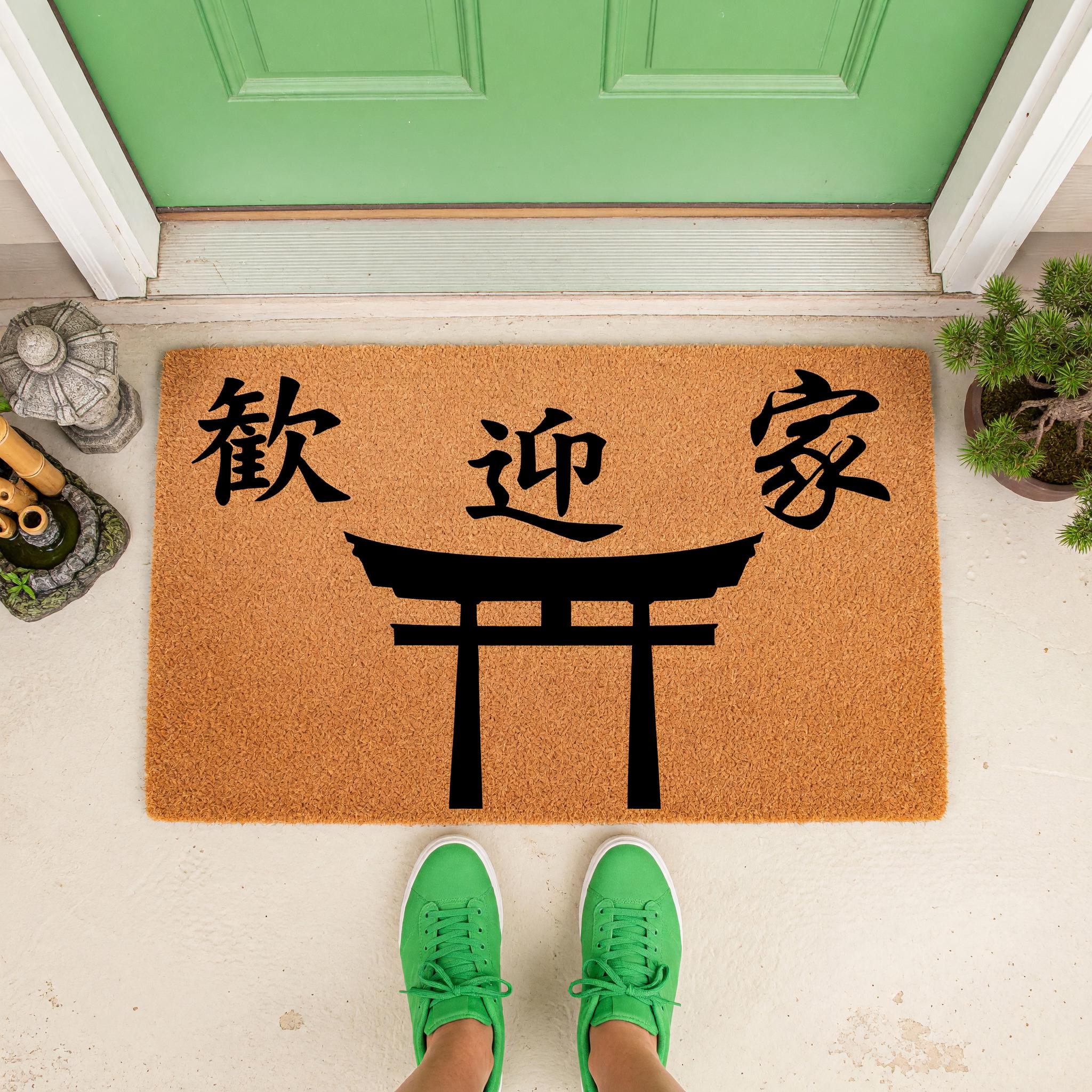 Welcome 板 手彫り アジアン Asian Style Doormat, Coir Welcome Mat