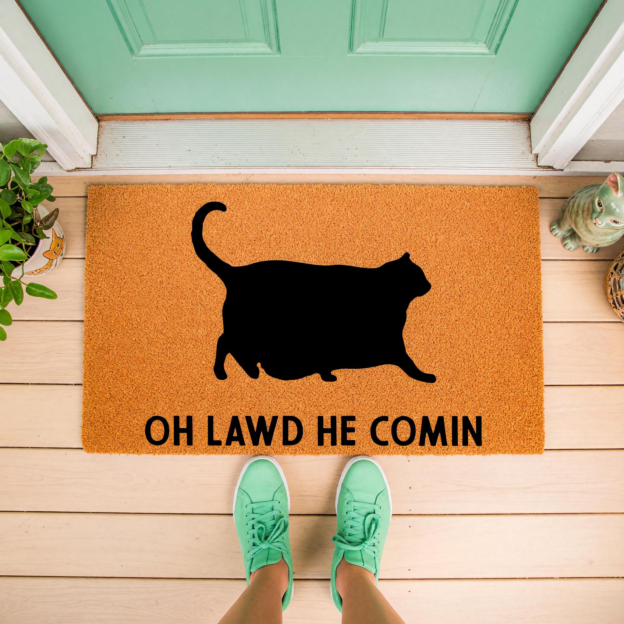 Funny Cat Doormat, Oh Lawd He Comin Welcome Mat, Cat Lover Gift