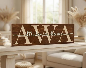 Custom Name Wood Sign with Couple , Personalized Wedding Gift for Newlyweds Anniversary