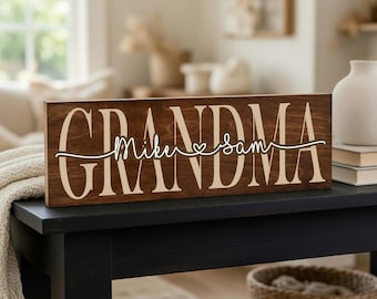 Personalized Grandma Wood Sign with Grandkids Names, Mother's Day Birthday Gift for Grandmother