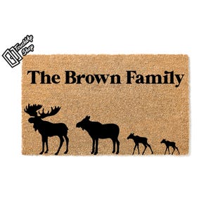 Custom Doormat Moose Family Welcome Mat Personalized Gift Apartment Sweet Home Coir Bridal Shower Wedding Monogram Last Name Gift  5124