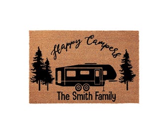 Family Last Name Happy Campers Doormat - Rustic RV Camping Decor