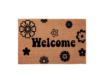 Welcome Flowers Door Mat, Spring Front Porch, Housewarming Gift
