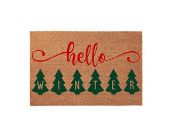 Hello Winter Pine Tree Doormat For A Christmas Front Porch Housewarming Gift