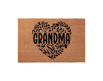 Grandma Welcome Mat, Coir Doormat for Mother's Day Birthday Christmas, Floral Heart Design