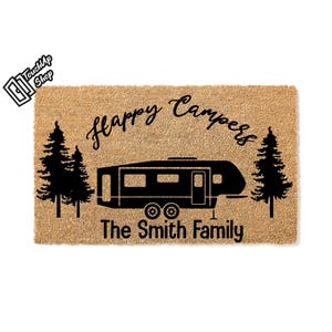 Custom Doormat Happy Campers Last Name Welcome Mat Personalized Gift Wedding Monogram Large Real Estate Last Name Sign Doormat RV Camp 5084