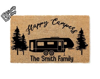 Custom Doormat Happy Campers Last Name Welcome Mat Personalized Gift Wedding Monogram Large Real Estate Last Name Sign Doormat RV Camp 5084
