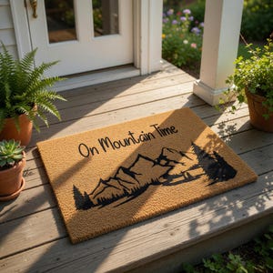 On Mountain Time Welcome Mat, Coir Doormat for Housewarming, New Home Closing Gift, Christmas