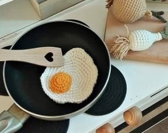 Crochet fried egg, pretend play kitchen food, crochet breakfast. Montessori toys. Kids kitchen accessories. Sensory toys. Eco friendly toys.