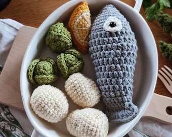 Crochet Play Food Set: Fish, Vegetables, Montessori Kitchen Toy, Educational Pretend Play Set, Kitchen accessories