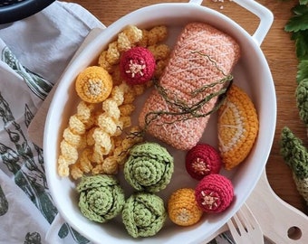 Crochet Play Food Set: Salmon, Fusilli, Brussels Sprouts, Educational Pretend Play Set, Kitchen accessories